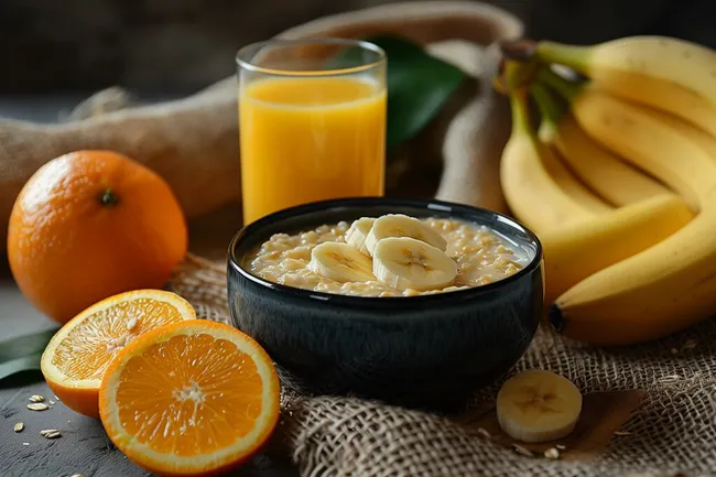 Gesunde Frühstückszutaten auf Holztisch