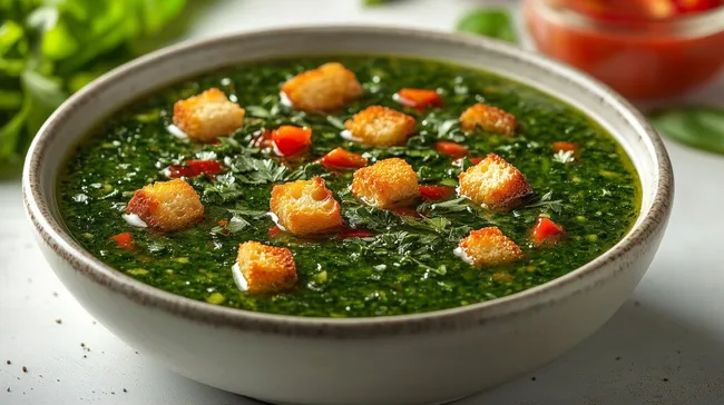 Gesunde grüne Gazpacho mit knusprigen Croûtons