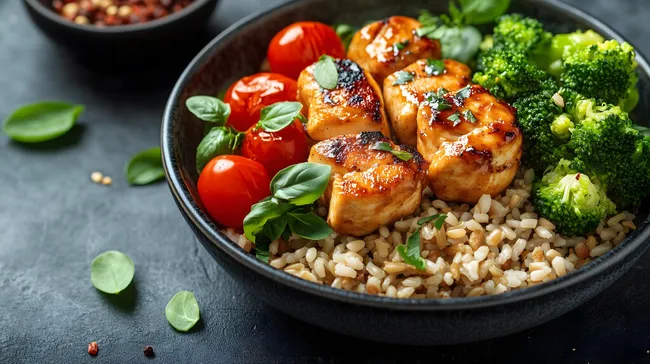 Gesunde Hähnchen-Bowl mit Reis, Gemüse und Kräutern