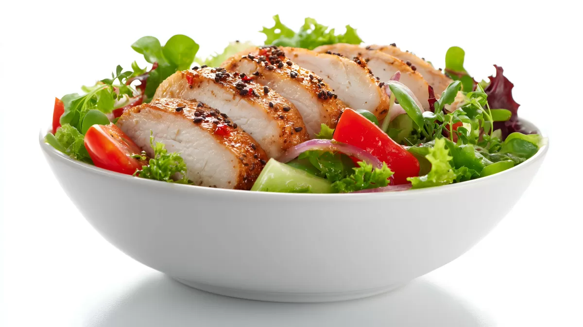 Gesunde Hühnchen-Salat-Schüssel mit frischem Gemüse