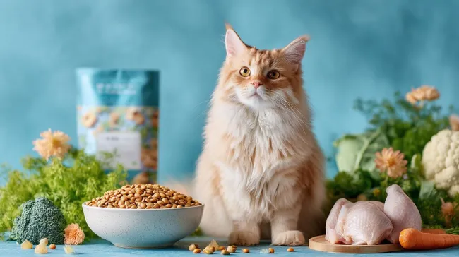 Gesunde Katzennahrung und buntes Gemüse