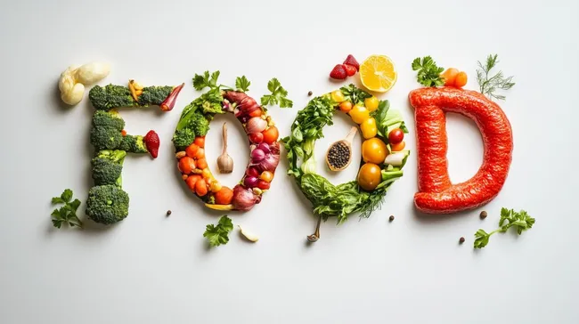 Gesunde Lebensmittel arrangiert zu Schriftzug 'Food'