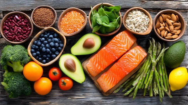 Gesunde Lebensmittel auf Holzuntergrund