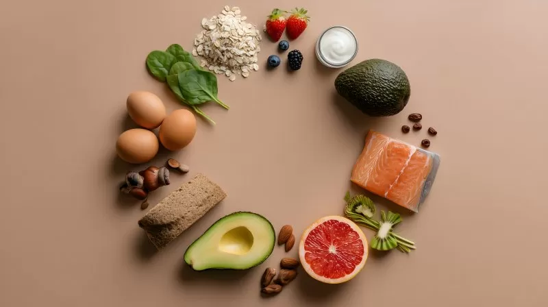 Gesunde Lebensmittel im Kreis auf beigem Hintergrund angeordnet