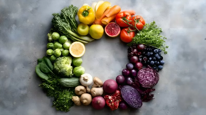 Gesunde Lebensmittel im Kreis auf heller Fläche mit Avocado und Ei