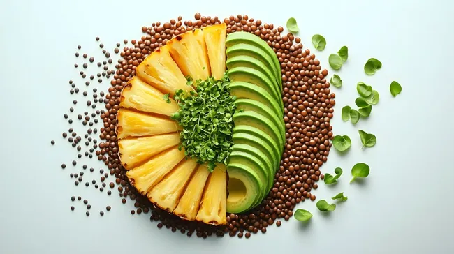 Gesunde Lebensmittel-Komposition mit Avocado, Ananas und Linsen