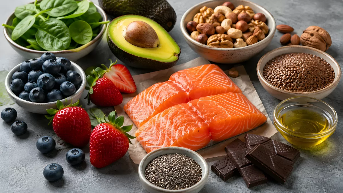 Gesunde Lebensmittel mit Lachs, Beeren und Avocado