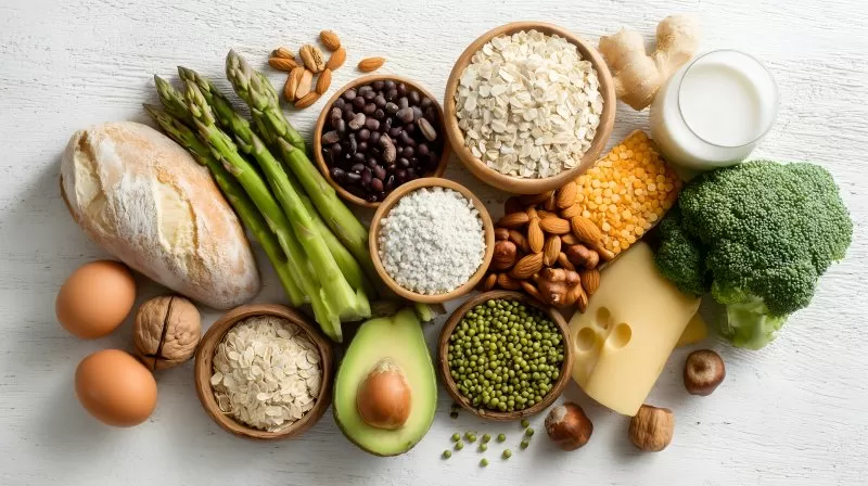 Gesunde Lebensmittel von oben auf Weiß