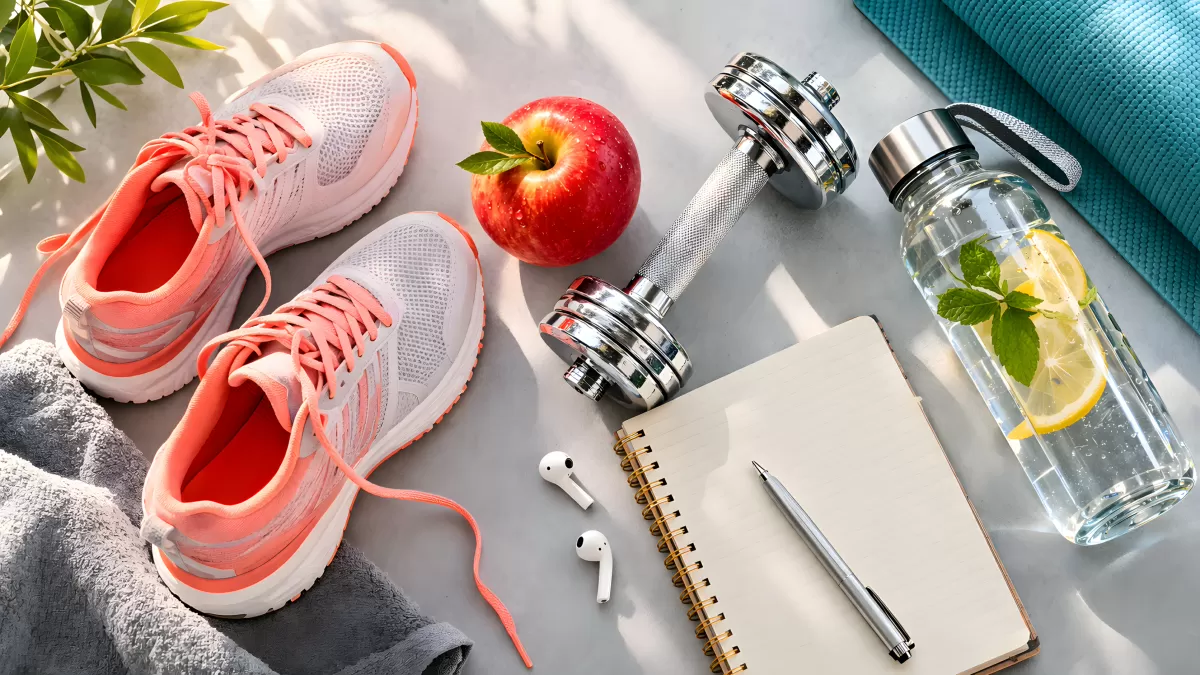 Gesunde Lifestyle-Elemente auf grauem Hintergrund