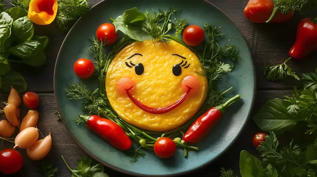 Gesunde Mahlzeit mit lustigem Gemüsegesicht