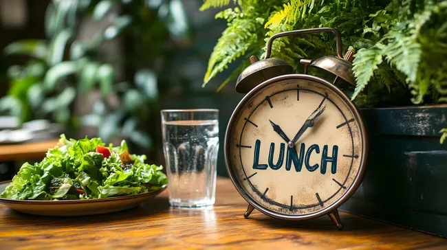 Gesunde Mittagspause mit frischem Salat und Vintage-Wecker