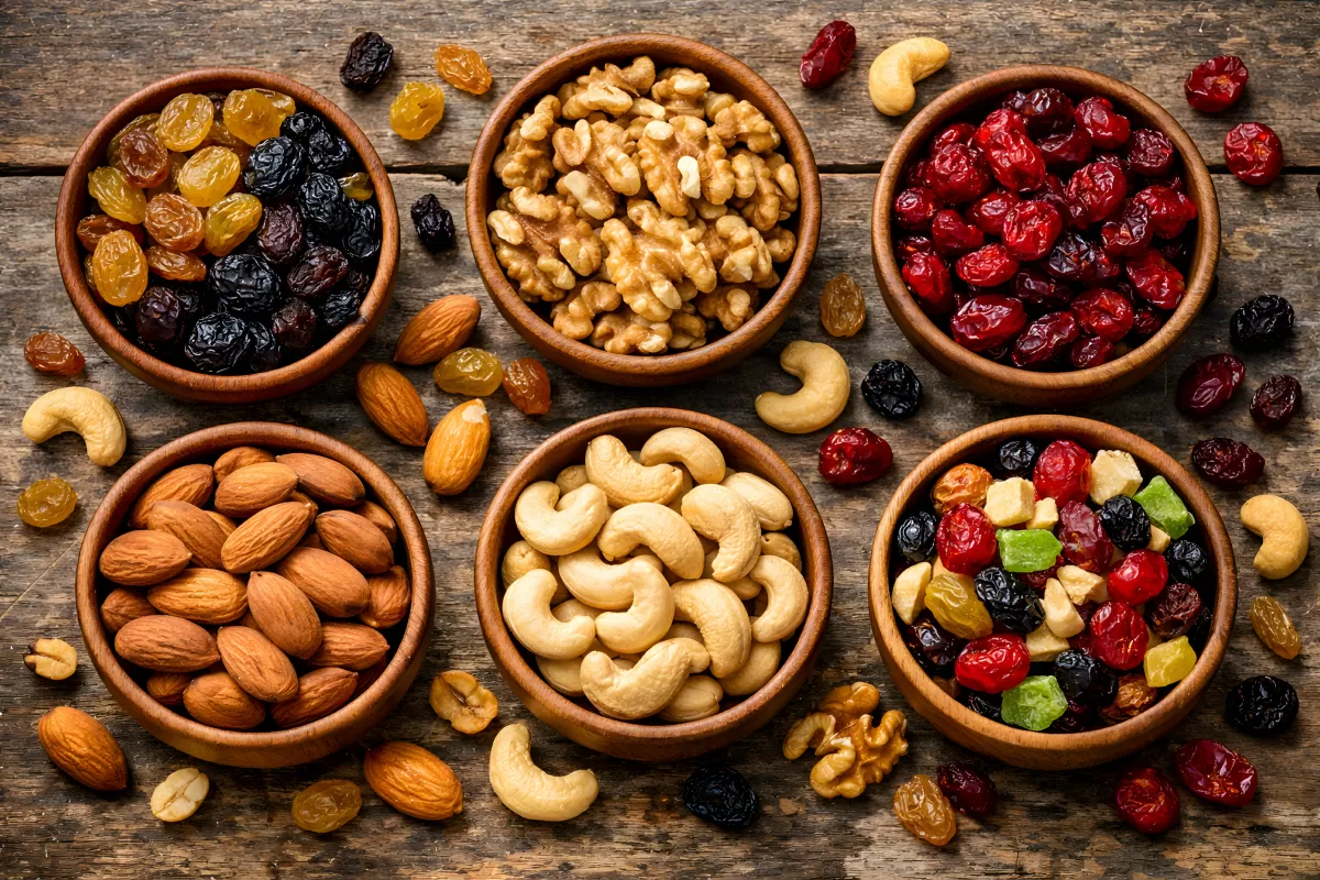 Gesunde Nüsse und getrocknete Früchte auf Holztisch