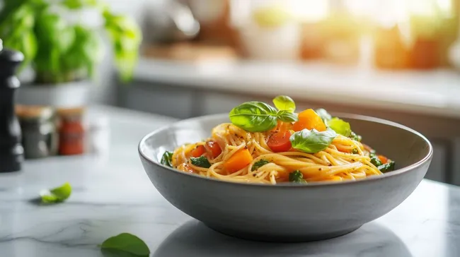 Gesunde Pasta mit frischem Gemüse in rustikaler Schüssel