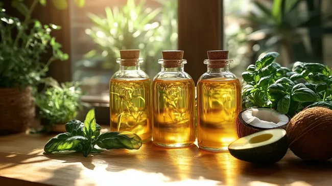 Gesunde Pflanzenöle mit Kräutern in der Sonne