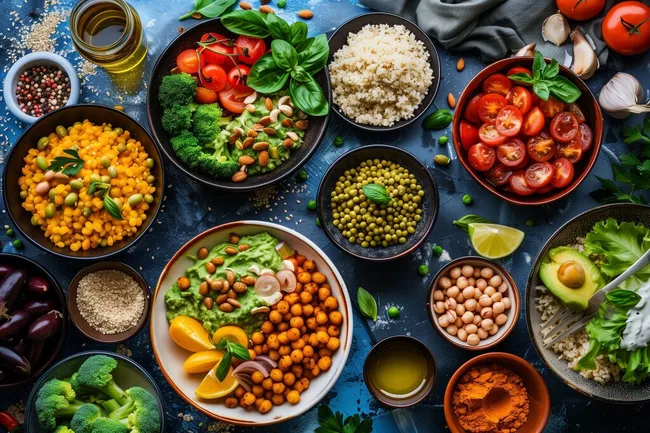 Gesunde pflanzliche Lebensmittel auf blauem Hintergrund