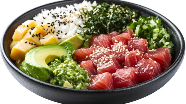 Gesunde Poke-Bowl mit frischem Thunfisch und Gemüse