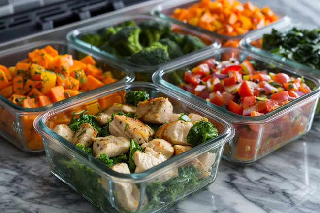 Gesunde Portionsschalen mit Gemüse und Hühnchen