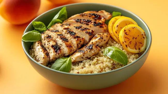Gesunde Quinoa-Schale mit gegrillter Hühnerbrust und Zitronen