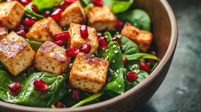 Gesunde Tofu-Spinat-Schüssel mit Granatapfelkernen