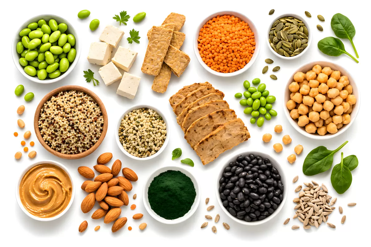 Gesunde vegane Lebensmittel auf weißem Hintergrund