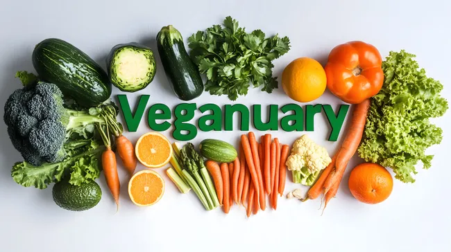 Gesunde Veganuary-Zutaten in leuchtenden Farben