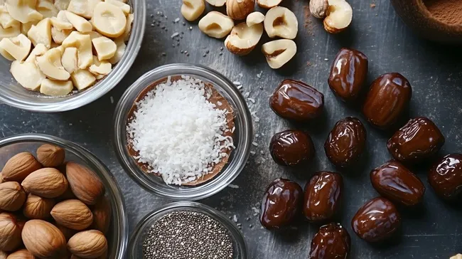 Gesunde Zutaten für Energiebällchen: Datteln, Nüsse und Samen