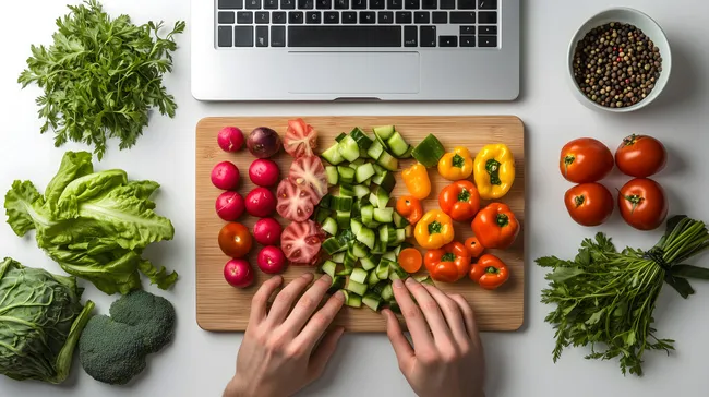 Gesunde Zutaten für frischen Gemüsesalat auf Holzbrett