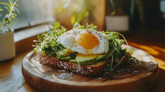 Gesunder Avocado-Toast mit pochiertem Ei und frischen Kräutern