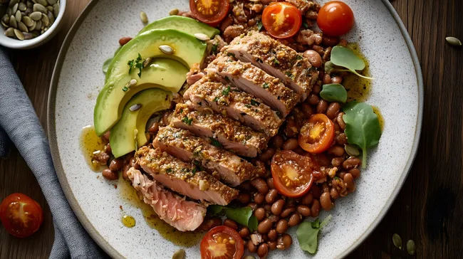 Gesunder Bohnen-Tomatensalat mit Avocado und Thunfisch