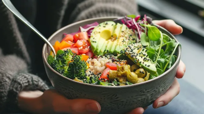 Gesunder Buddha-Bowl mit Gemüse, Avocado und Sesam
