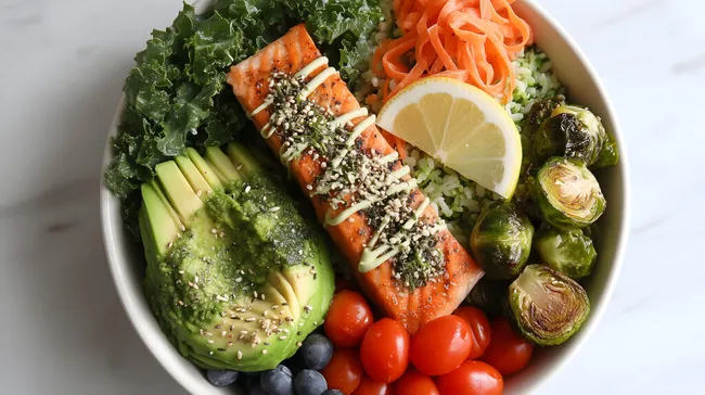 Gesunder Buddha-Bowl mit Lachs, Avocado und Gemüse