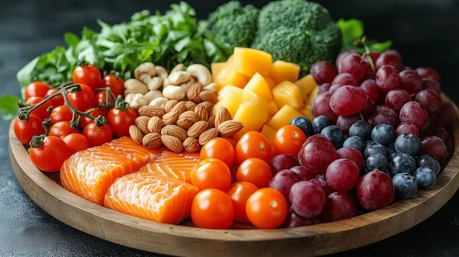 Gesunder, bunter Snackteller mit Obst, Gemüse und Nüssen