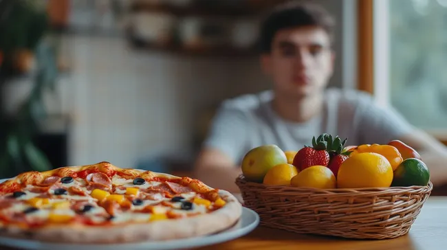 Gesunder Ernährungskontrast: Frische Früchte und leckere Pizza