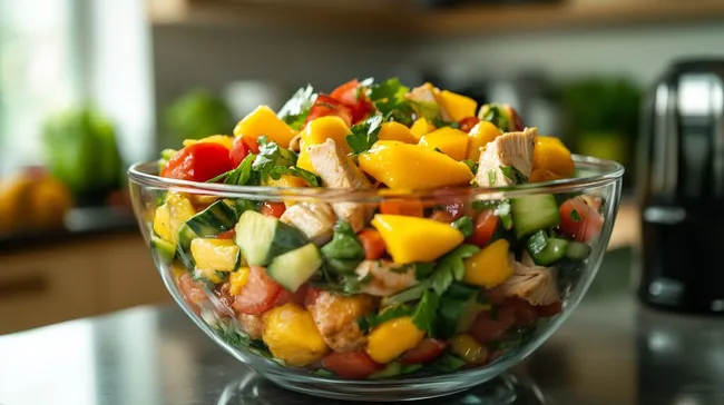 Gesunder Hähnchen-Mango-Salat in Glasschüssel