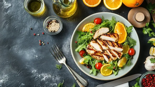 Gesunder Hähnchensalat mit Orangen in moderner Küche
