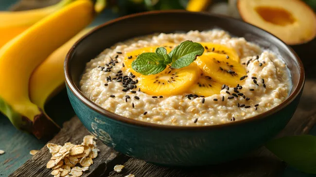 Gesunder Haferbrei mit Obst in bunter Schale