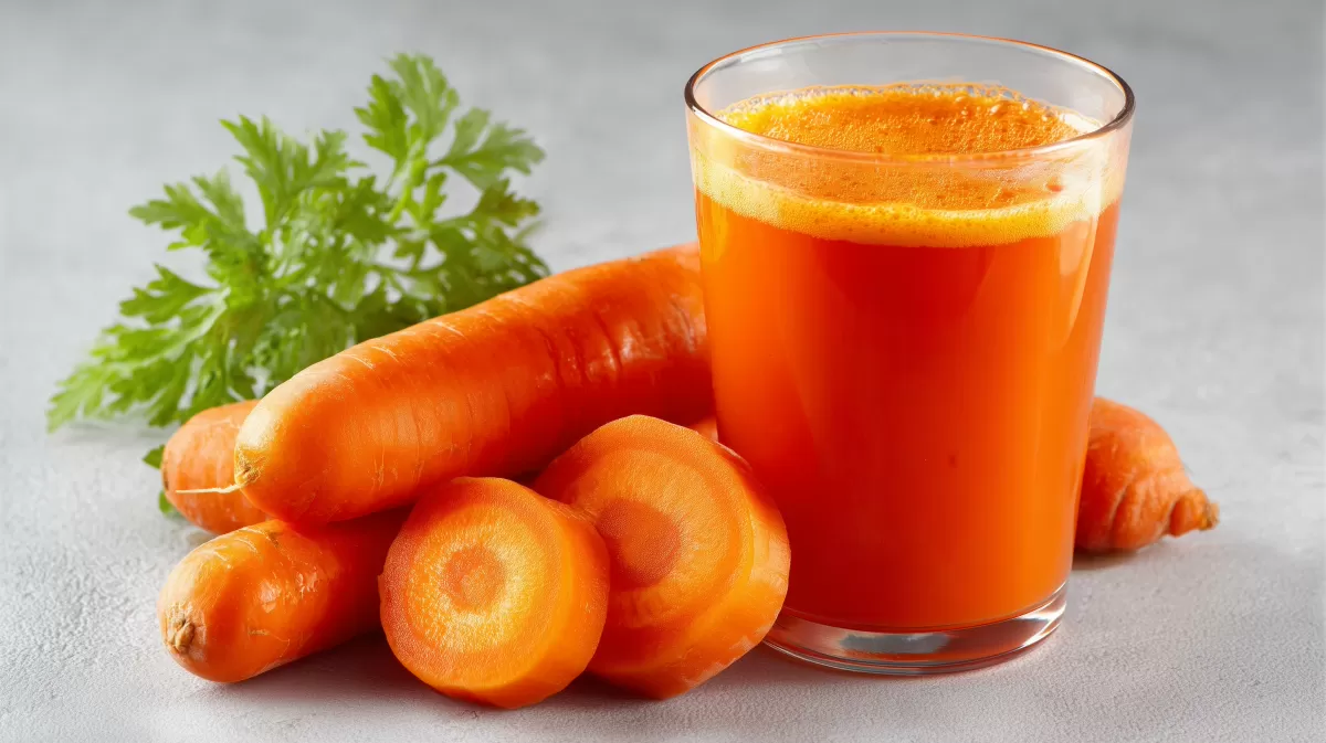 Gesunder Karottensaft in Glas auf grauem Hintergrund