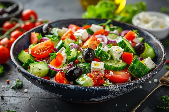 Gesunder mediterraner Salat auf schwarzer Platte