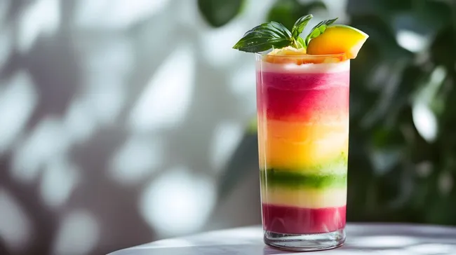 Gesunder, mehrfarbiger Sommertrunk mit Zitrone und Basilikum