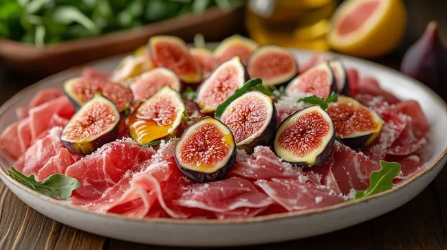 Gesunder Mittelmeersnack: Feigen und Parmaschinken auf Rucola