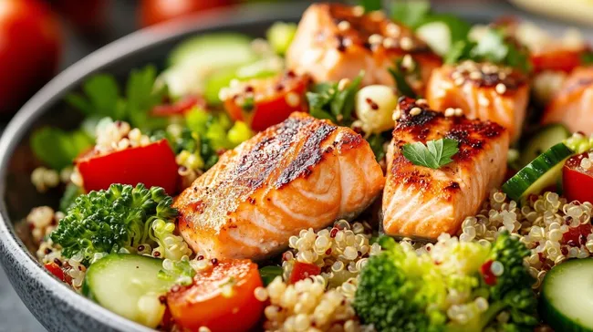 Gesunder Quinoa-Lachs-Salat auf Teller