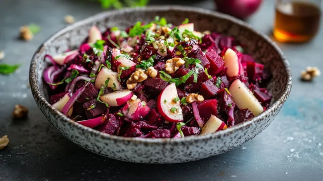Gesunder Rote-Bete-Salat mit Walnüssen und Zwiebeln