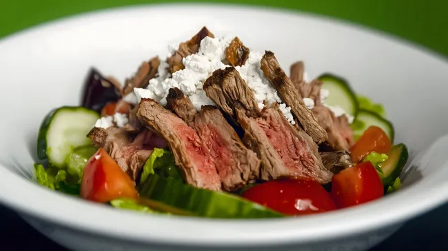 Gesunder Salat mit Rindfleisch und Hüttenkäse
