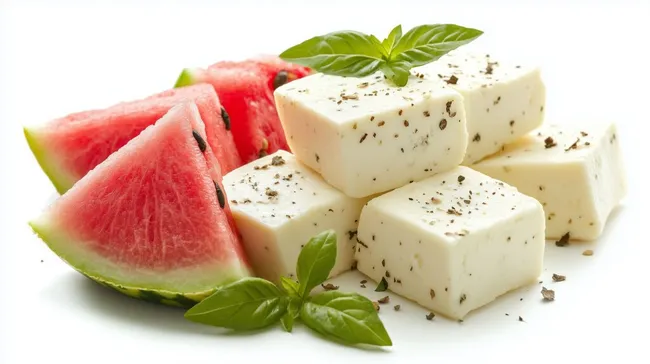 Gesunder Snack mit würzigem Käse und süßer Wassermelone