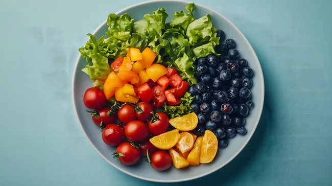 Gesunder Teller mit buntem Gemüse und Obst