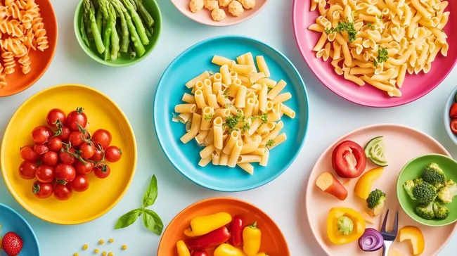 Gesunder Teller mit bunten Nudeln und Gemüse