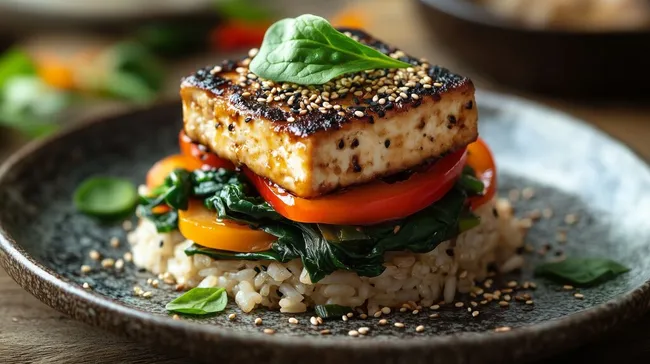 Gesunder Tofuburger mit Gemüse auf Reisbett