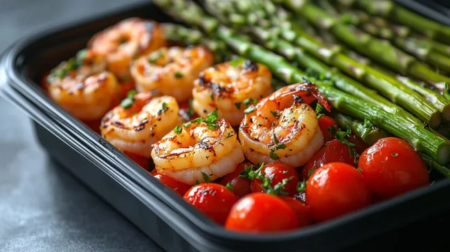 Gesunder Tomatensalat mit gegrilltem Garnelen und Spargel