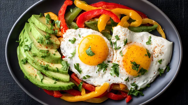Gesunder, vitaminreicher Gemüseteller mit Spiegeleiern