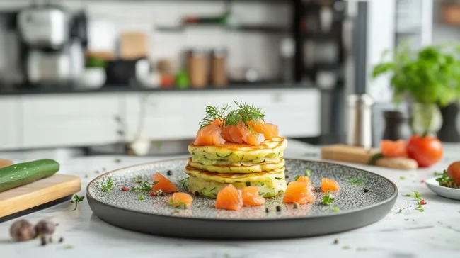 Gesunder Zucchini-Pfannkuchen mit Lachs-Gourmet-Frühstück